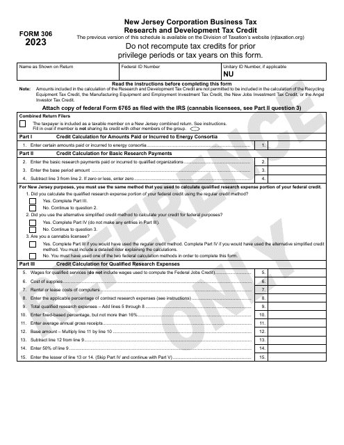 Form 306 Research and Development Tax Credit - New Jersey, 2023