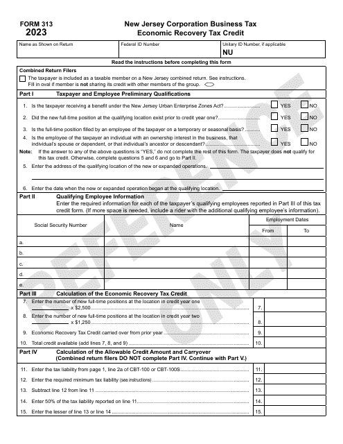 Form 313 Economic Recovery Tax Credit - New Jersey, 2023