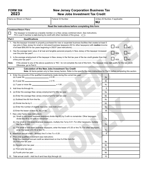 Form 304 New Jobs Investment Tax Credit - New Jersey, 2023