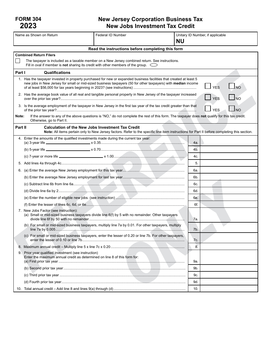 Form 304 New Jobs Investment Tax Credit - New Jersey, Page 1