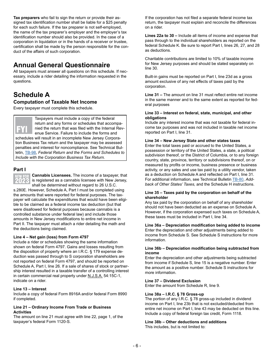 Instructions for Form CBT-100S S Corporation Business Tax Return Form - New Jersey, Page 6