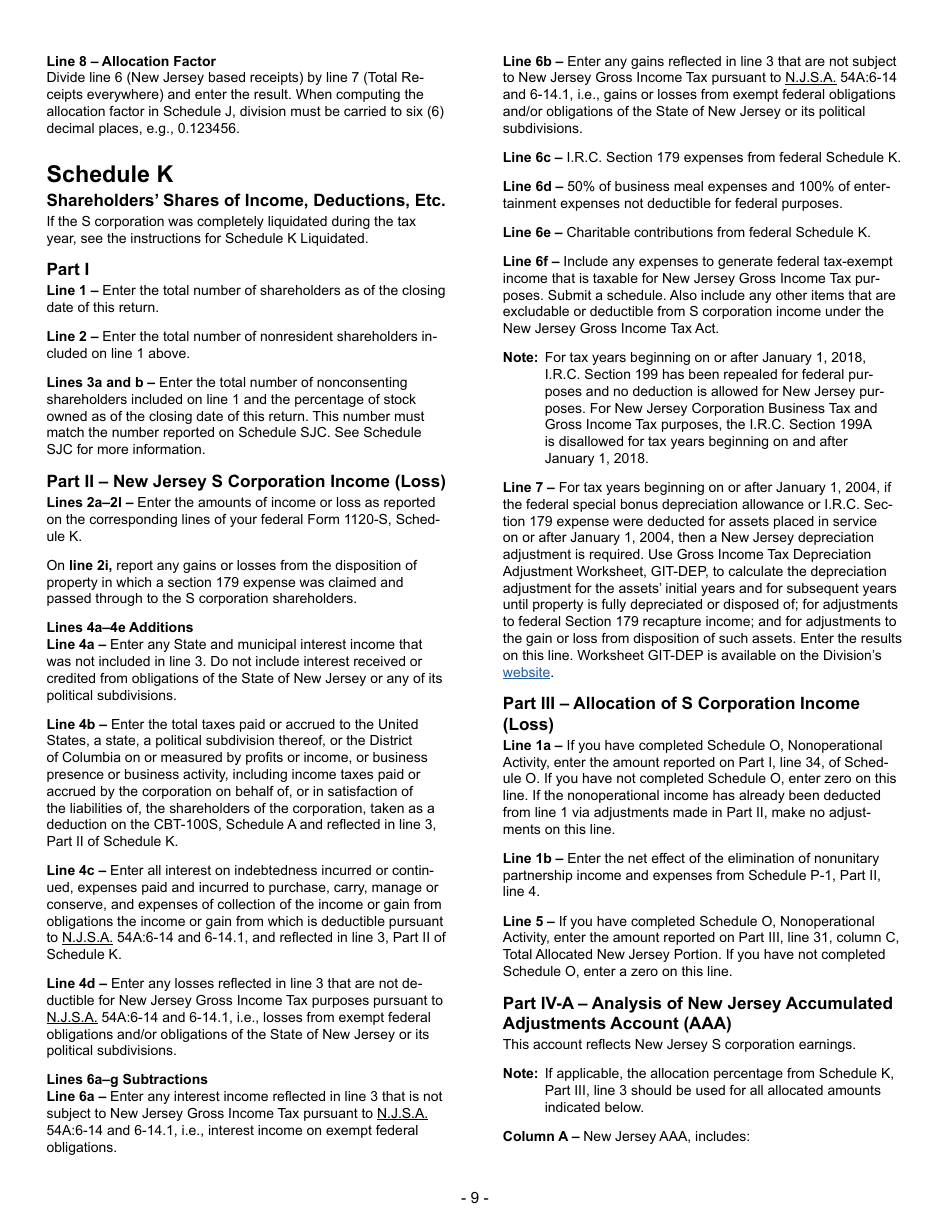 Instructions for Form CBT-100S S Corporation Business Tax Return Form - New Jersey, Page 9
