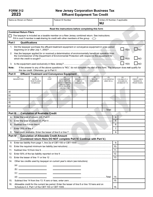 Form 312 Effluent Equipment Tax Credit - New Jersey, 2023