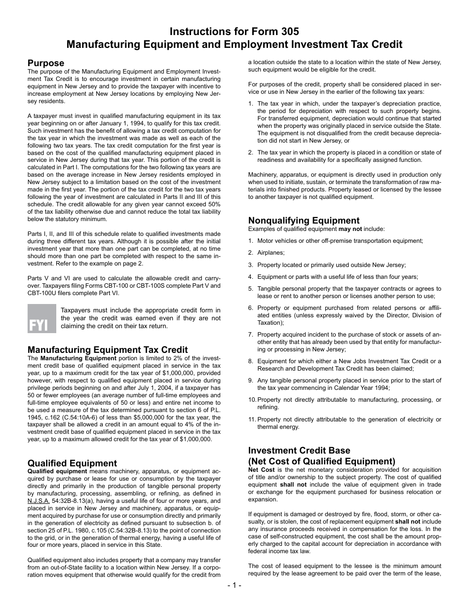 Form 305 Manufacturing Equipment and Employment Investment Tax Credit - New Jersey, Page 4