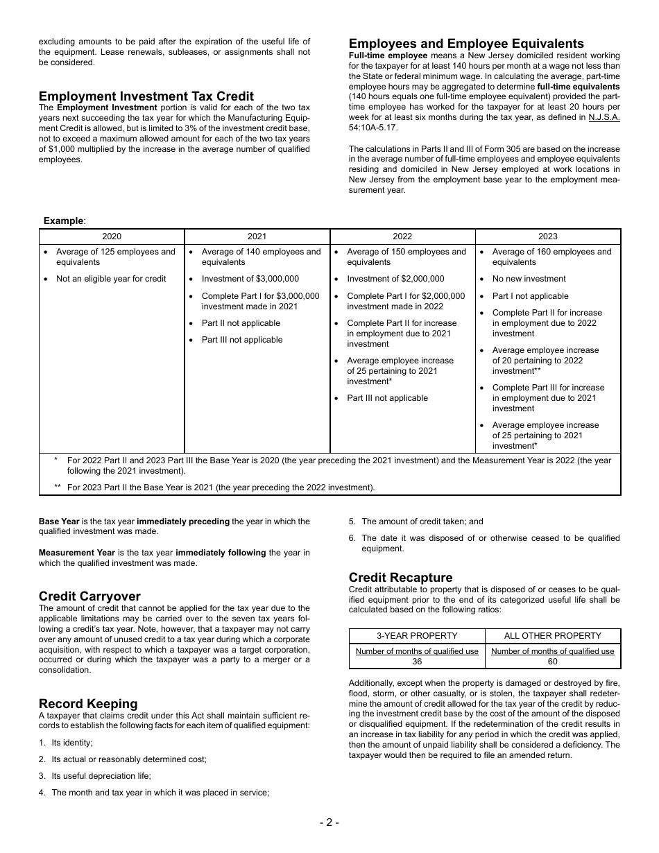 Form 305 Manufacturing Equipment and Employment Investment Tax Credit - New Jersey, Page 5