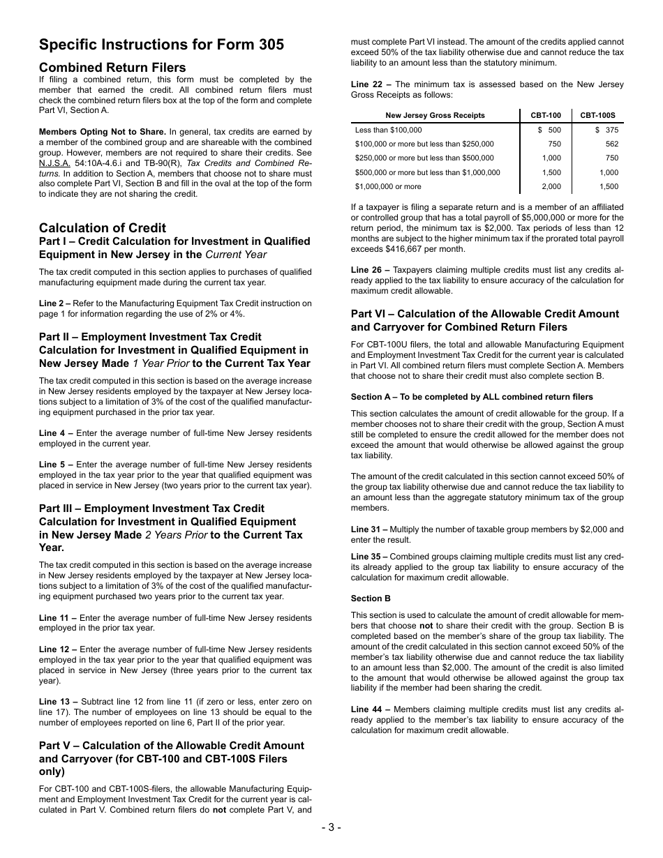 Form 305 Manufacturing Equipment and Employment Investment Tax Credit - New Jersey, Page 6