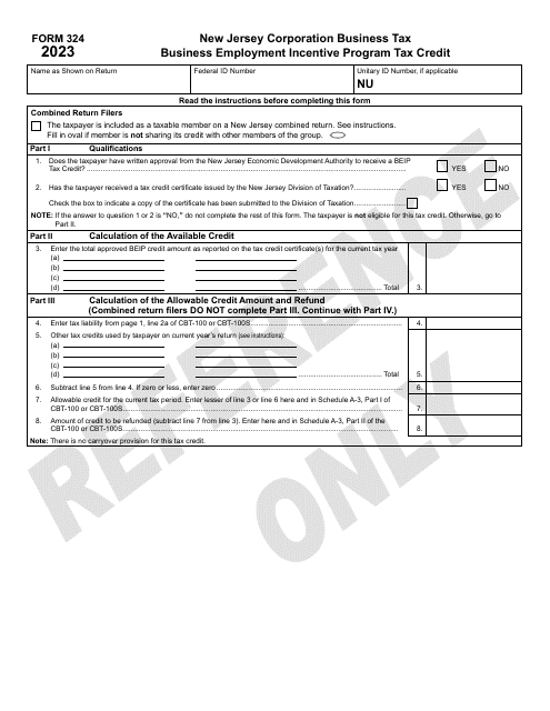 Form 324 Business Employment Incentive Program Tax Credit - New Jersey, 2023