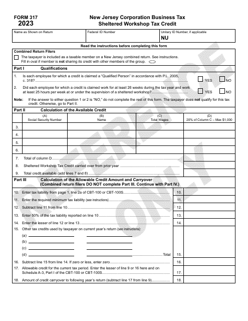 Form 317 Sheltered Workshop Tax Credit - New Jersey, 2023