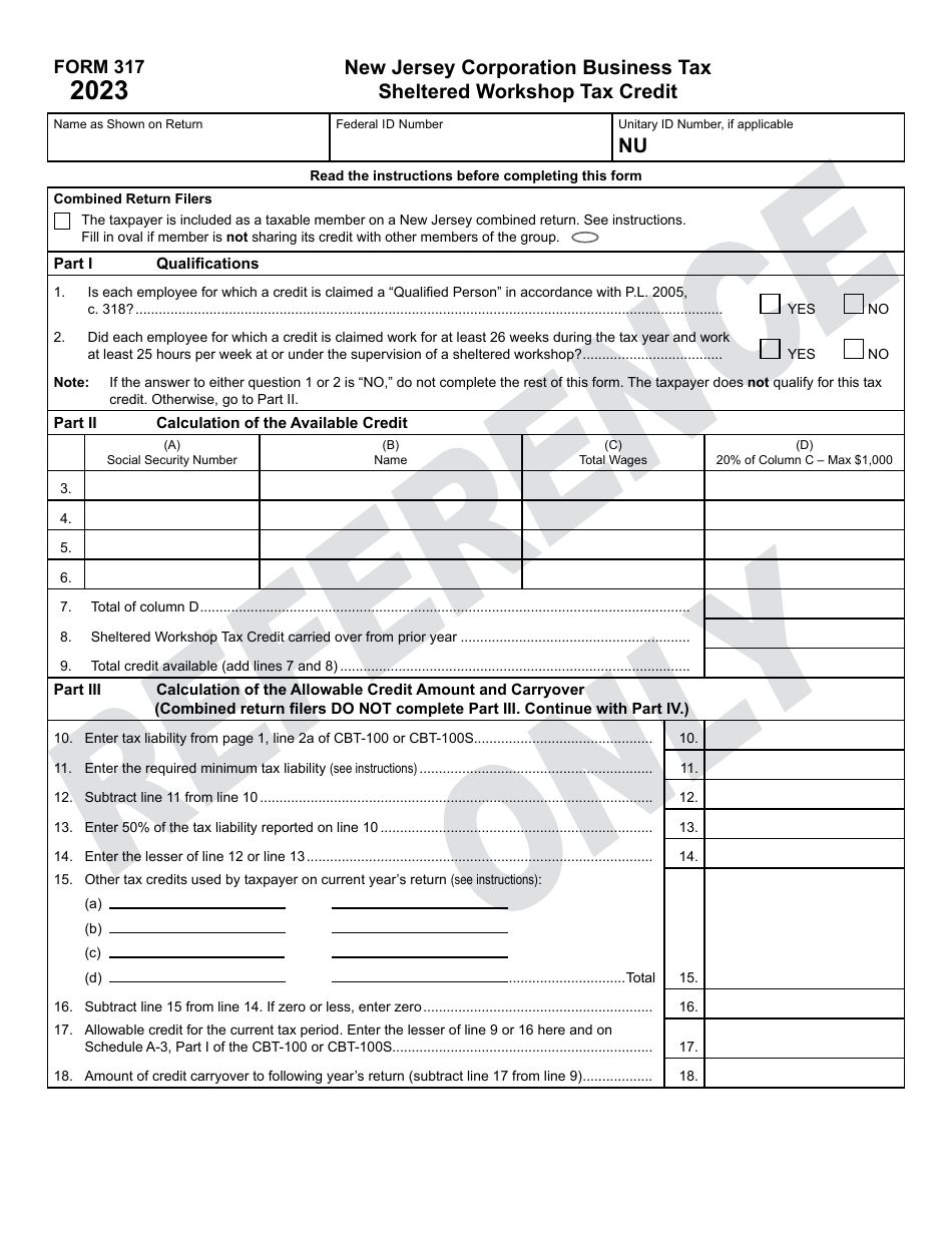 Form 317 Sheltered Workshop Tax Credit - New Jersey, Page 1