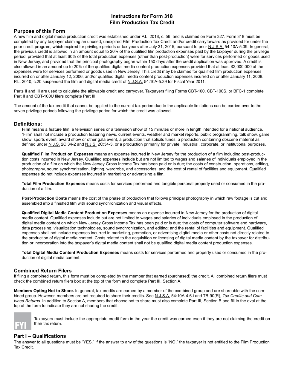 Form 318 Film Production Tax Credit - New Jersey, Page 3