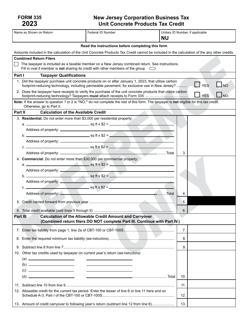 Form 335 Unit Concrete Products Tax Credit - New Jersey, Page 1