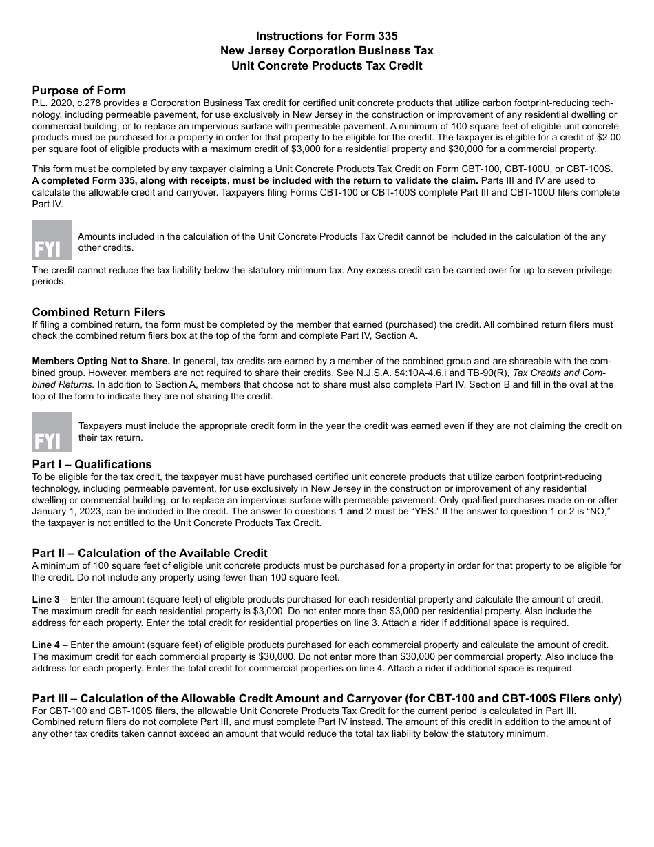 Form 335 Unit Concrete Products Tax Credit - New Jersey, Page 3