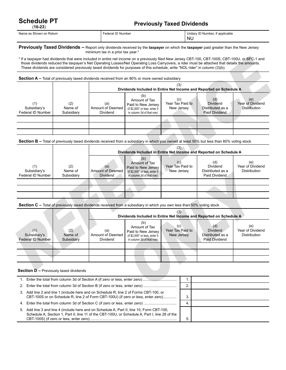 Schedule PT Dividend Exclusion for Certain Previously Taxed Dividends - New Jersey, Page 1