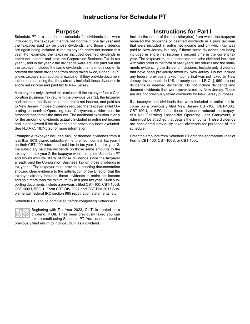Schedule PT Dividend Exclusion for Certain Previously Taxed Dividends - New Jersey, Page 2