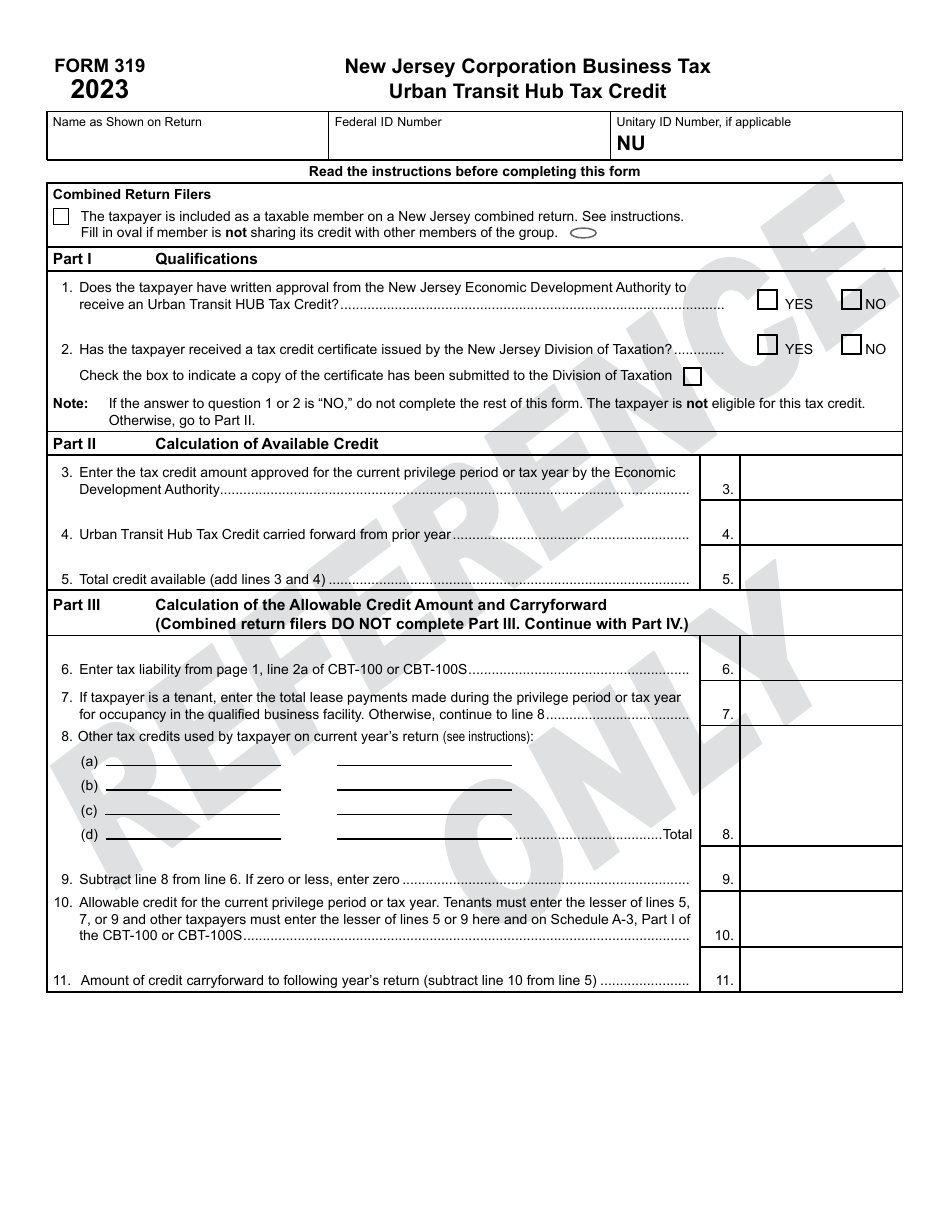 Form 319 Urban Transit Hub Tax Credit - New Jersey, Page 1