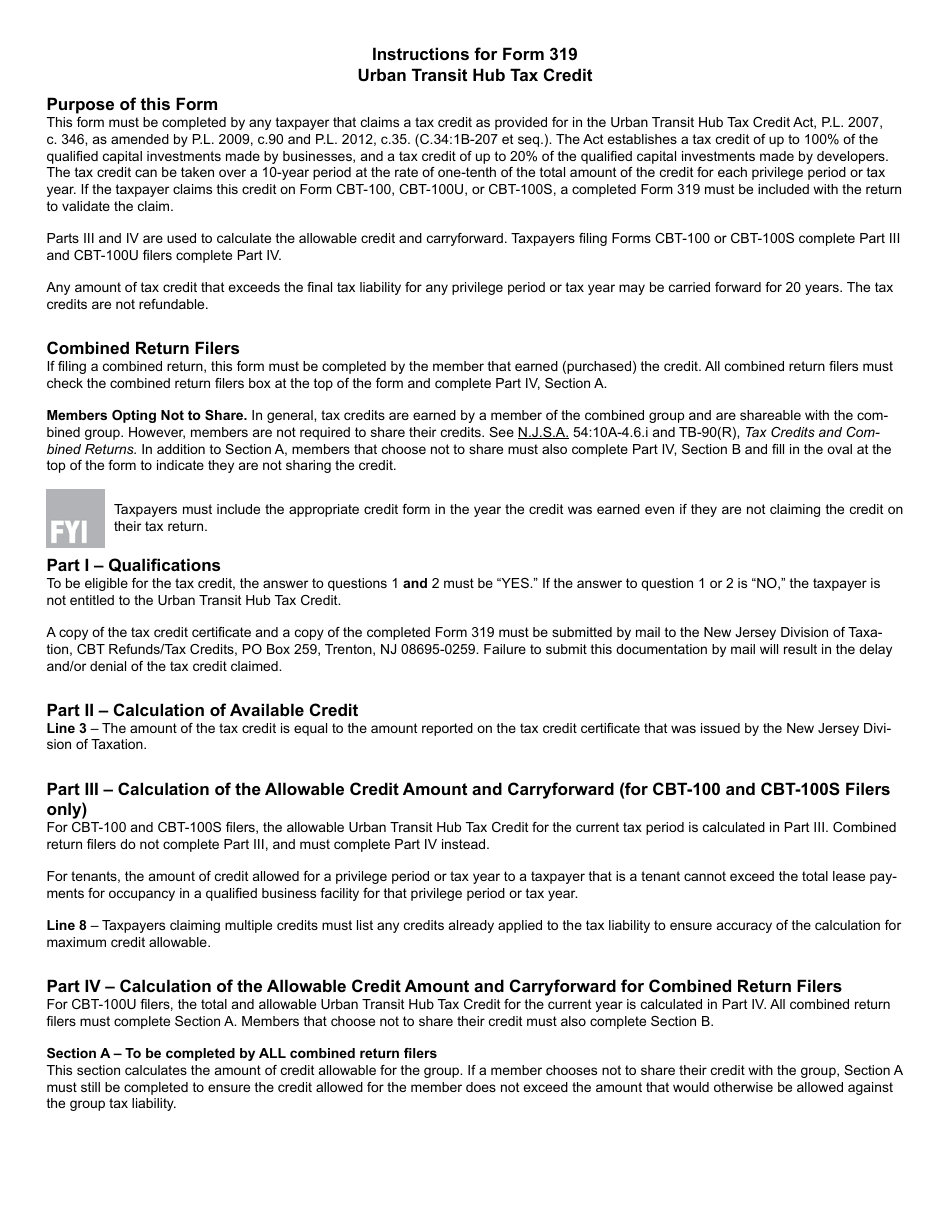 Form 319 Urban Transit Hub Tax Credit - New Jersey, Page 3