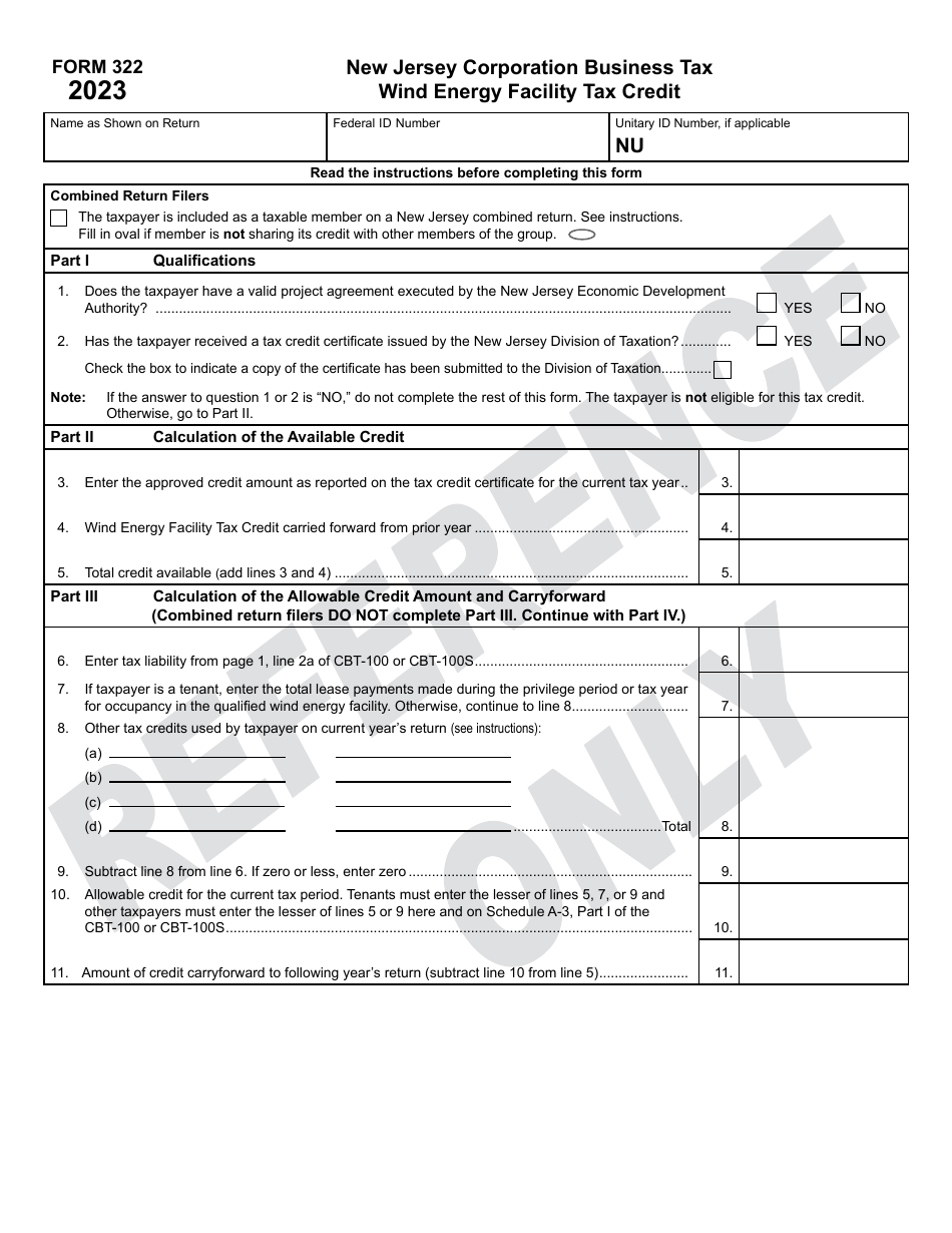 Form 322 Wind Energy Facility Tax Credit - New Jersey, Page 1