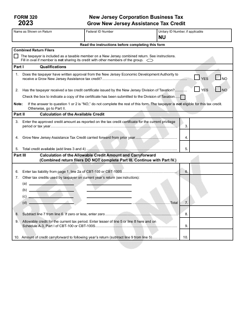Form 320 Grow New Jersey Assistance Tax Credit - New Jersey, 2023