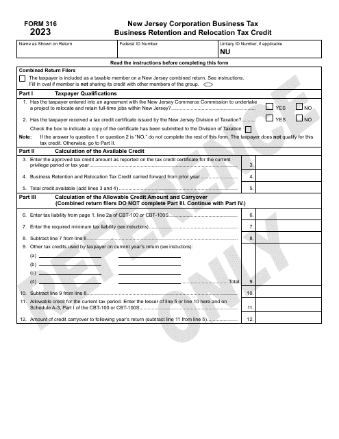 Form 316 Business Retention and Relocation Tax Credit - New Jersey, 2023