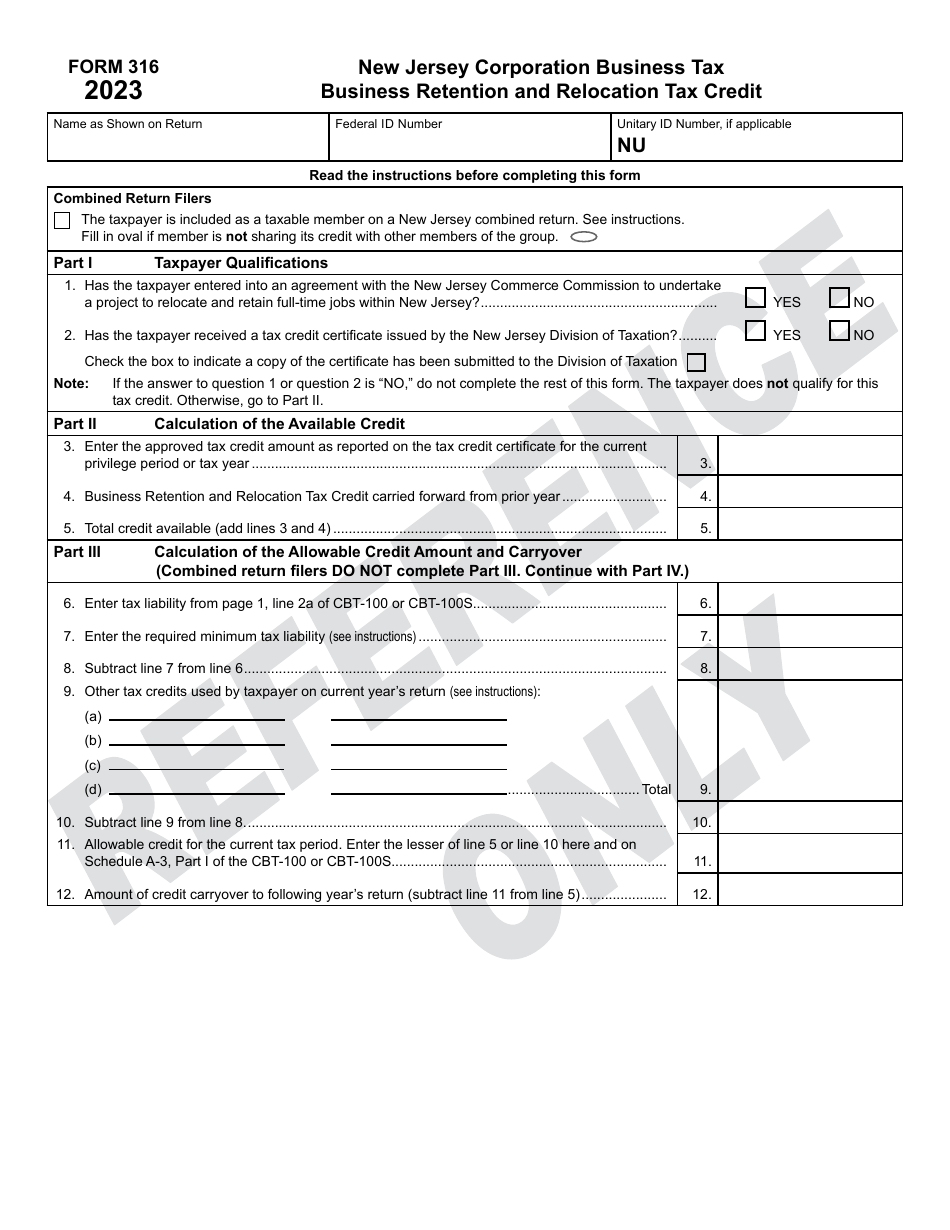 Form 316 Business Retention and Relocation Tax Credit - New Jersey, Page 1