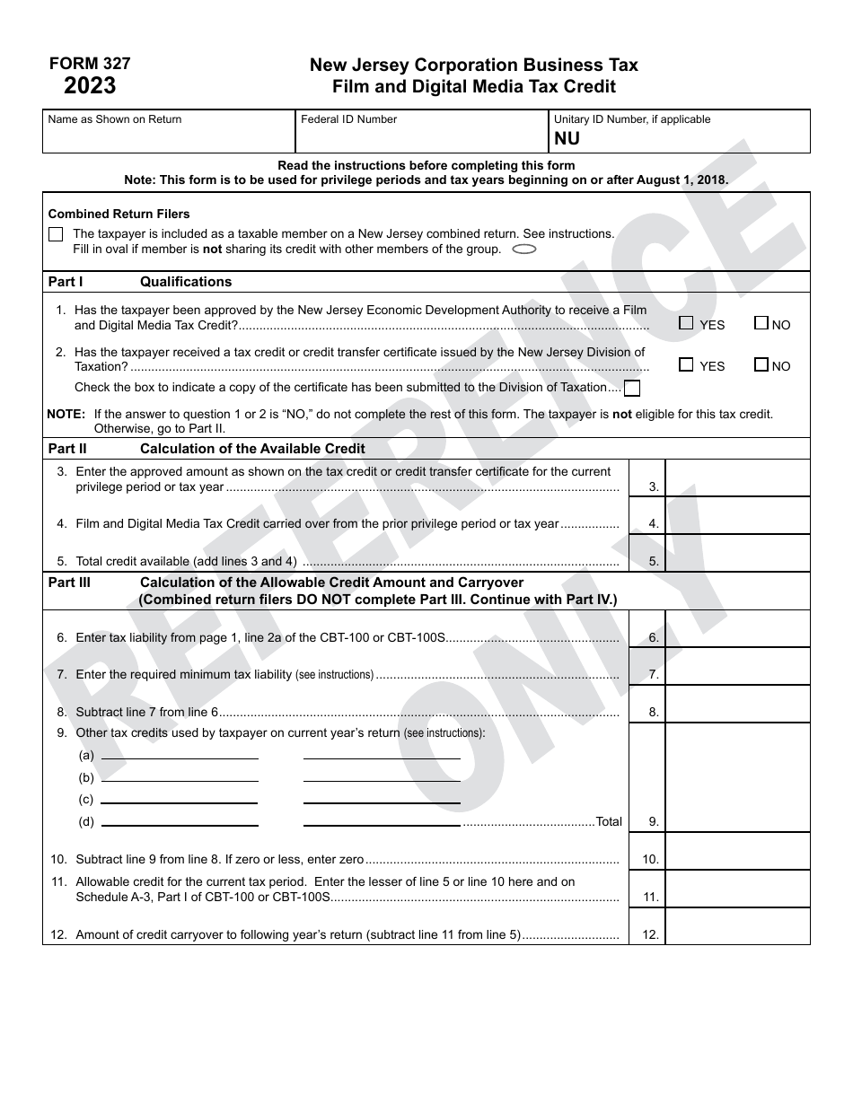 Form 327 Film and Digital Media Tax Credit - New Jersey, Page 1