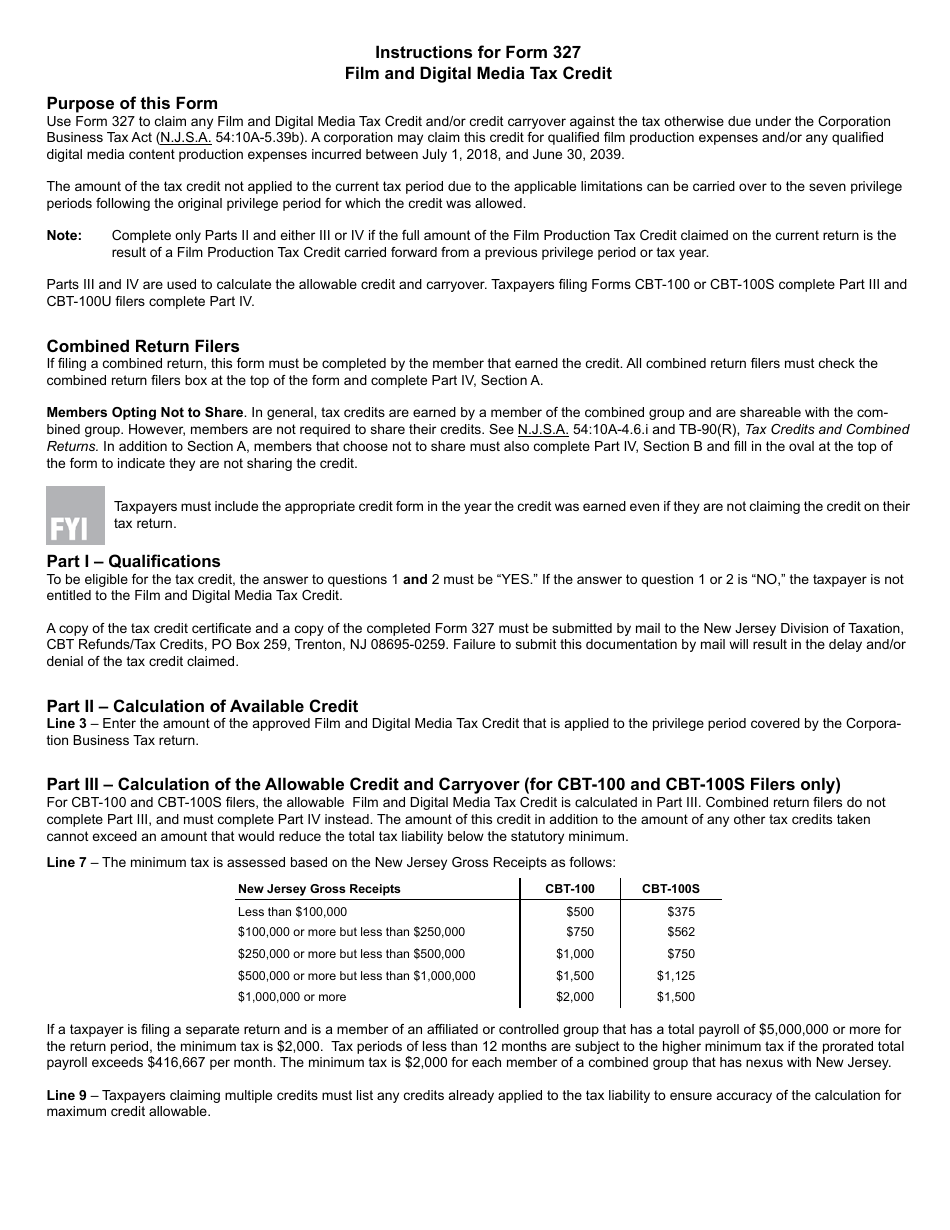 Form 327 Film and Digital Media Tax Credit - New Jersey, Page 3