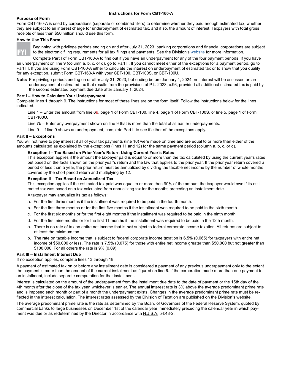 Form Cbt 160 A Download Printable Pdf Or Fill Online Underpayment Of Estimated Nj Corporation 5886