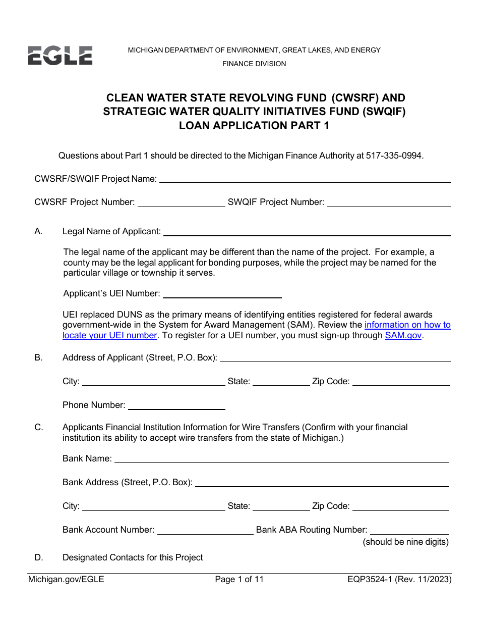 Form EQP3524 Part 1 Clean Water State Revolving Fund (Cwsrf) and Strategic Water Quality Initiatives Fund (Swqif) Loan Application - Michigan, Page 1