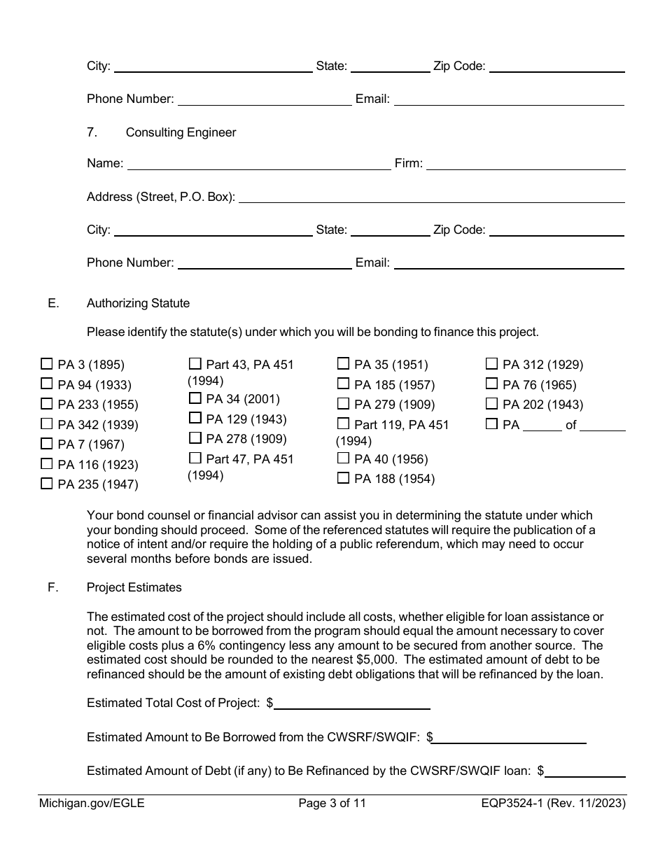 Form EQP3524 Part 1 Clean Water State Revolving Fund (Cwsrf) and Strategic Water Quality Initiatives Fund (Swqif) Loan Application - Michigan, Page 3