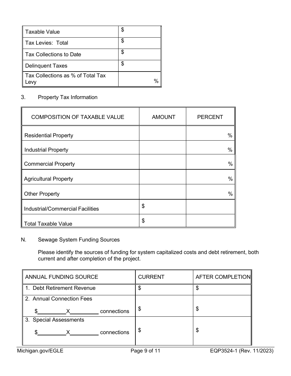 Form EQP3524 Part 1 Clean Water State Revolving Fund (Cwsrf) and Strategic Water Quality Initiatives Fund (Swqif) Loan Application - Michigan, Page 9