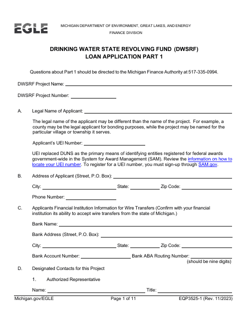 Form EQP3525 Part 1 Drinking Water State Revolving Fund (Dwsrf) Loan Application - Michigan