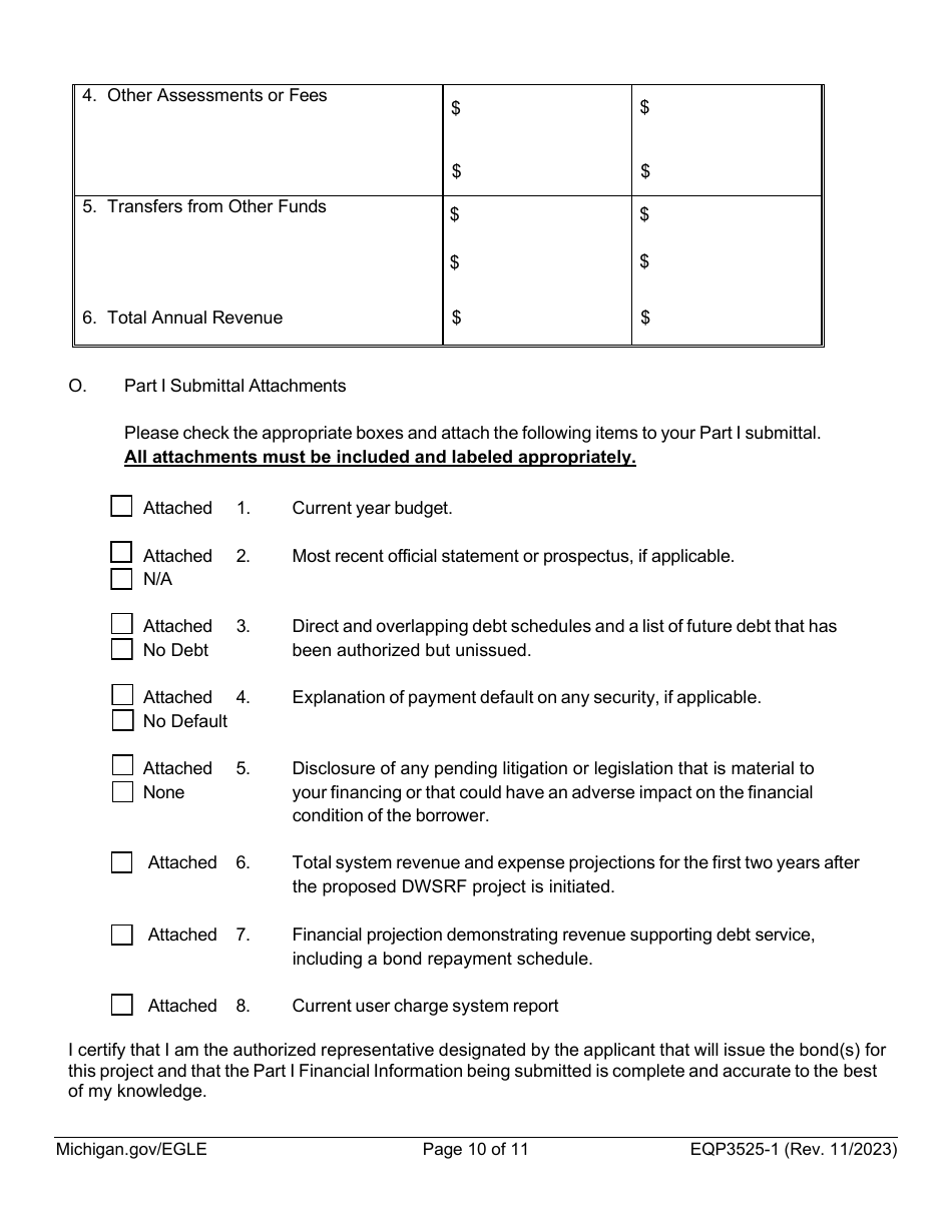 Form EQP3525 Part 1 Drinking Water State Revolving Fund (Dwsrf) Loan Application - Michigan, Page 10