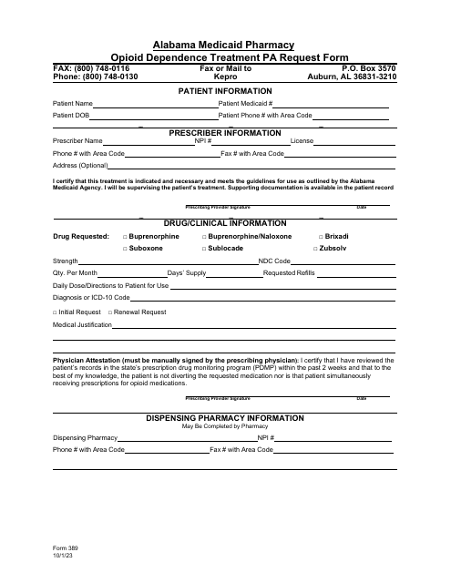Form 389 Opioid Dependence Treatment Pa Request Form - Alabama