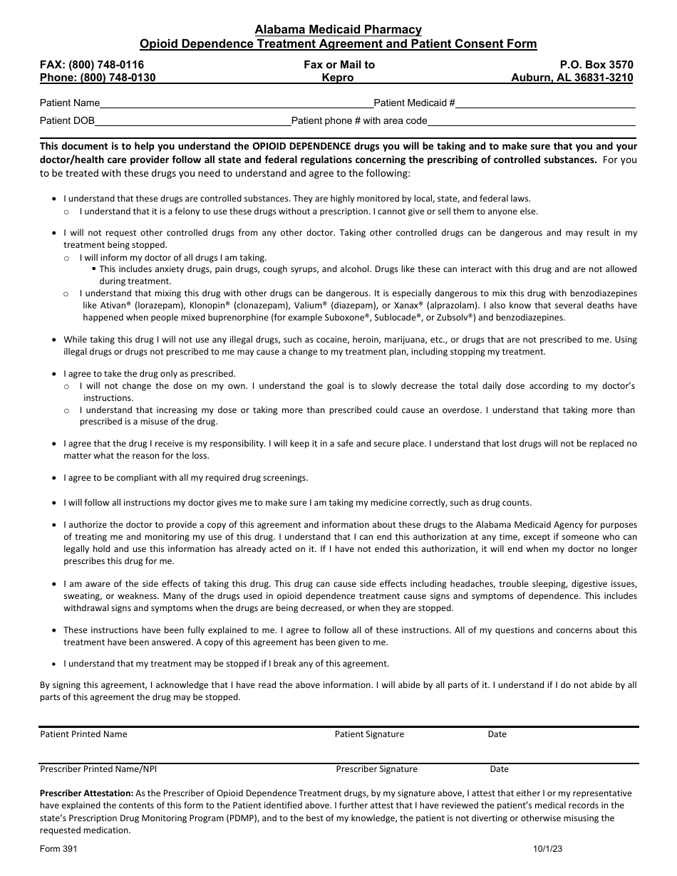 Form 391 Opioid Dependence Treatment Agreement and Patient Consent Form - Alabama, Page 1