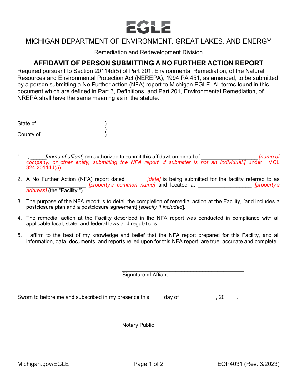 Form EQP4031 Affidavit of Person Submitting a No Further Action Report - Michigan, Page 1