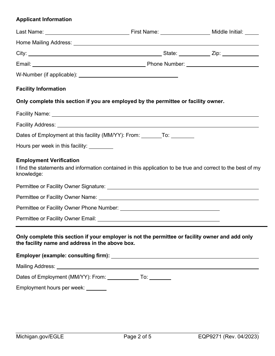Form EQP9271 Application for a-1a (Special) and a-1h (Non-contact Cooling Water) Certification - Michigan, Page 2