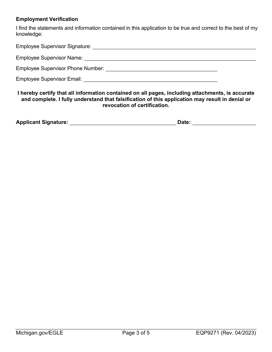 Form EQP9271 Application for a-1a (Special) and a-1h (Non-contact Cooling Water) Certification - Michigan, Page 3