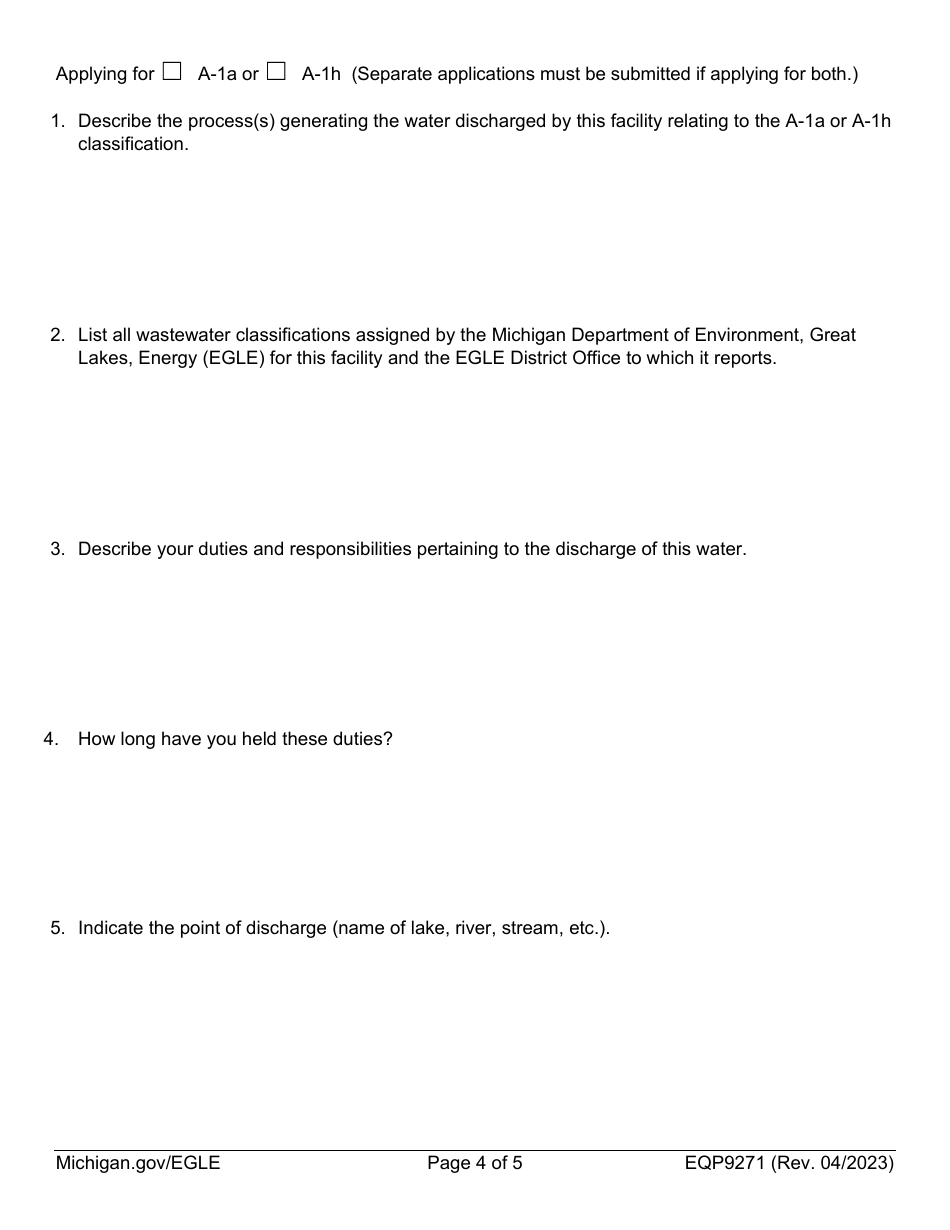 Form EQP9271 Application for a-1a (Special) and a-1h (Non-contact Cooling Water) Certification - Michigan, Page 4