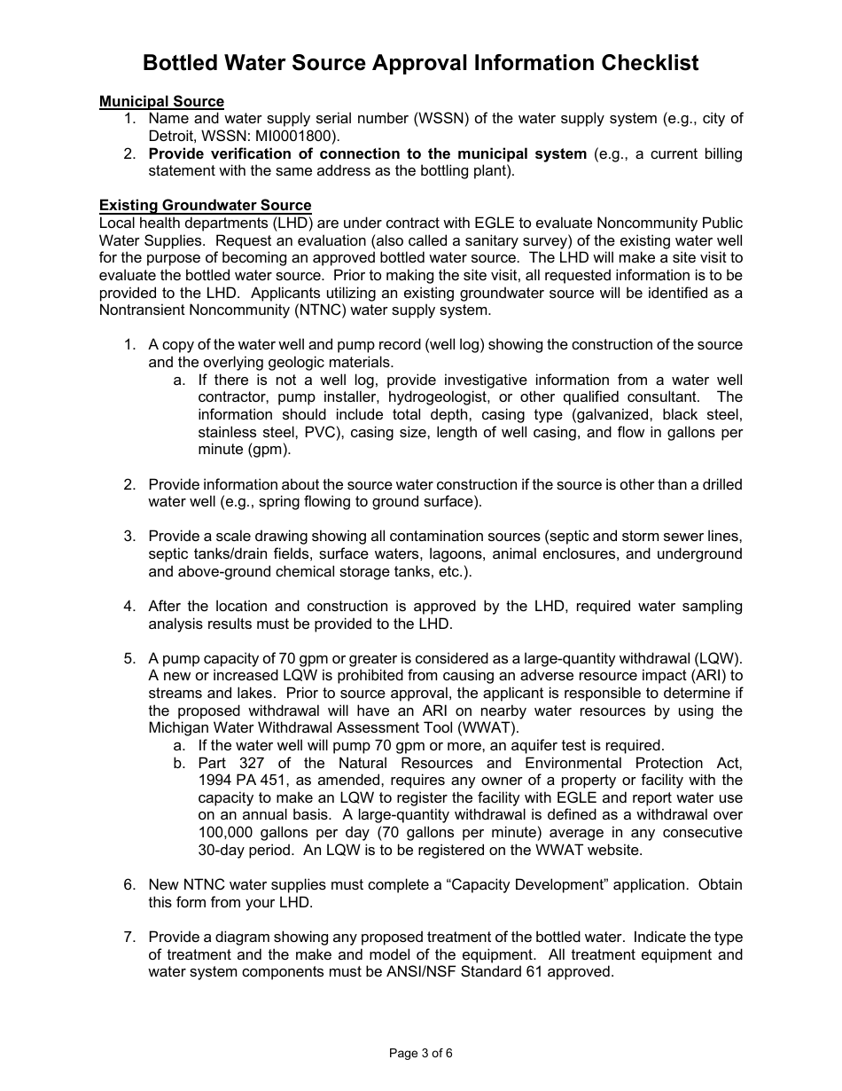 Form EQP2269 Application for State of Michigan Bottled Water Source Approval - Michigan, Page 3