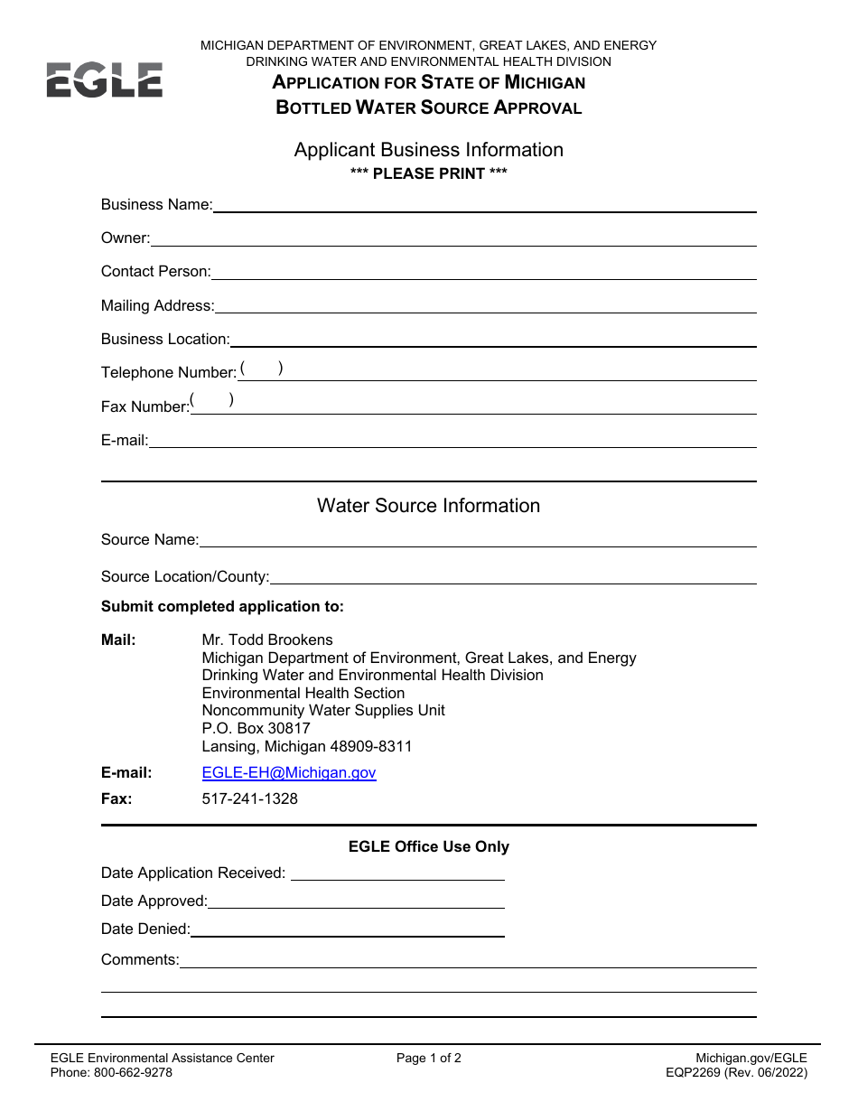 Form EQP2269 Application for State of Michigan Bottled Water Source Approval - Michigan, Page 5