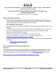 Form EQP3407 Application for Industrial/Commercial Wastewater Treatment Plant Operator Certification - Michigan