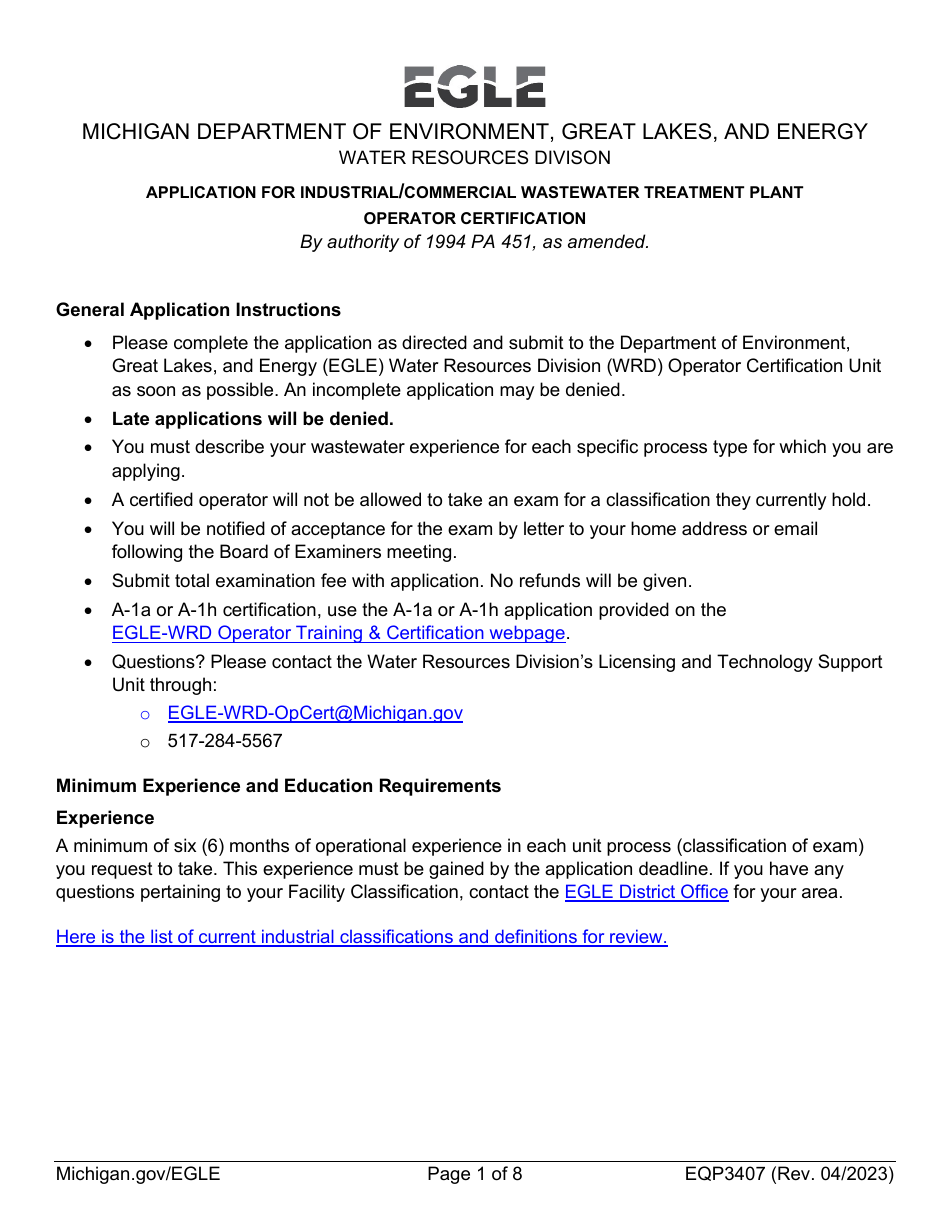 Form EQP3407 Application for Industrial / Commercial Wastewater Treatment Plant Operator Certification - Michigan, Page 1