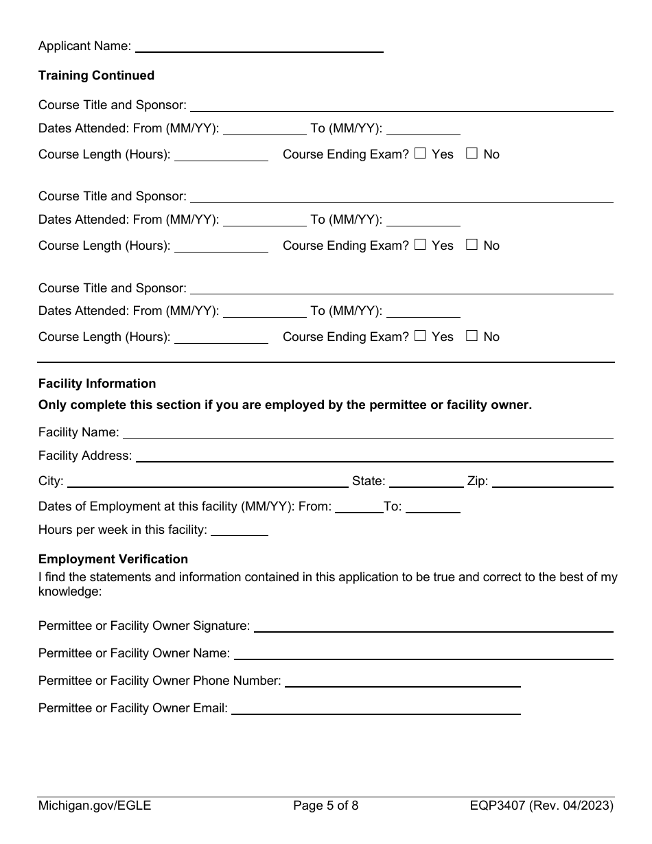 Form EQP3407 Application for Industrial / Commercial Wastewater Treatment Plant Operator Certification - Michigan, Page 5