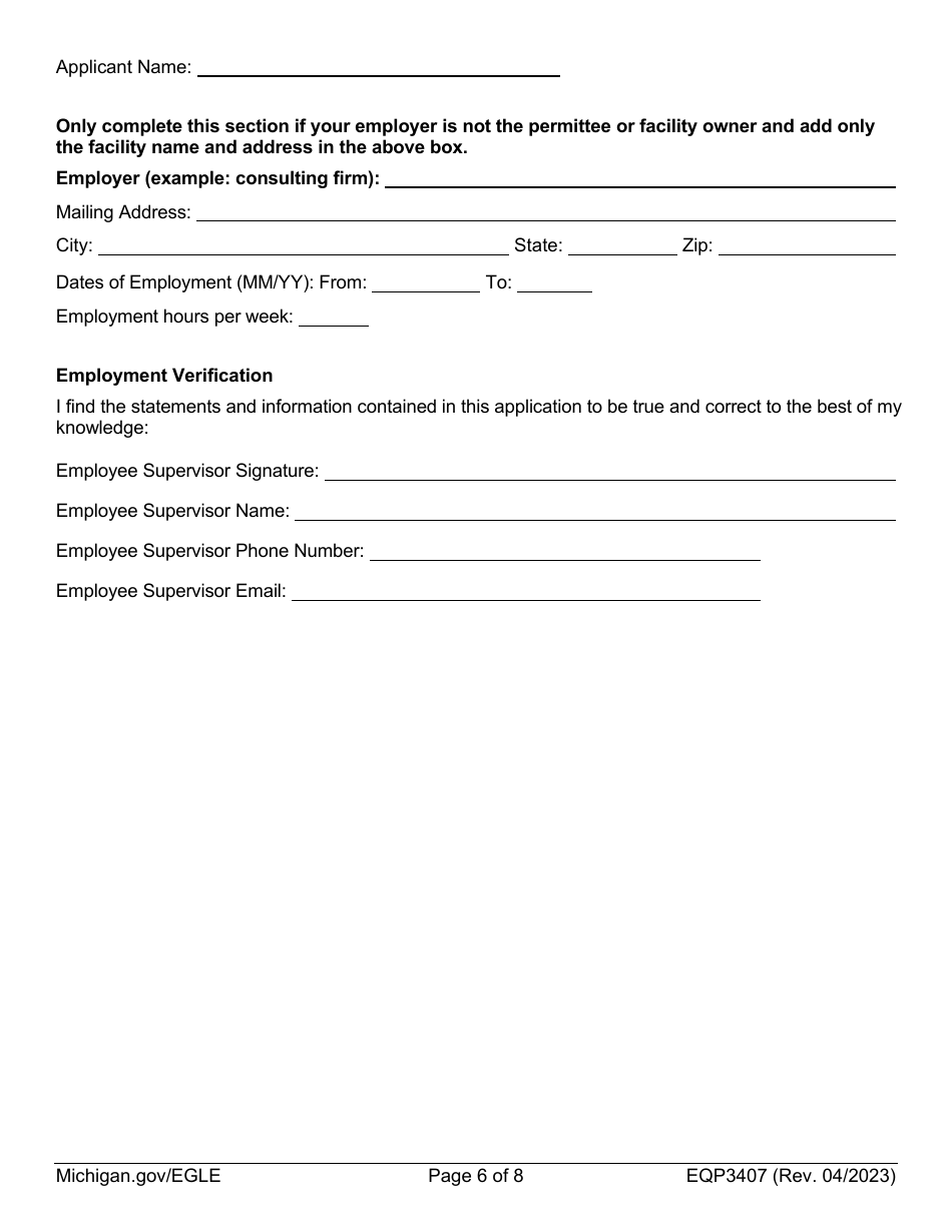 Form EQP3407 Application for Industrial / Commercial Wastewater Treatment Plant Operator Certification - Michigan, Page 6