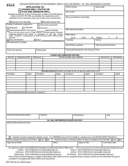 Form EQP7200-06 Application to Change Well Status or Plug and Abandon Well - Michigan