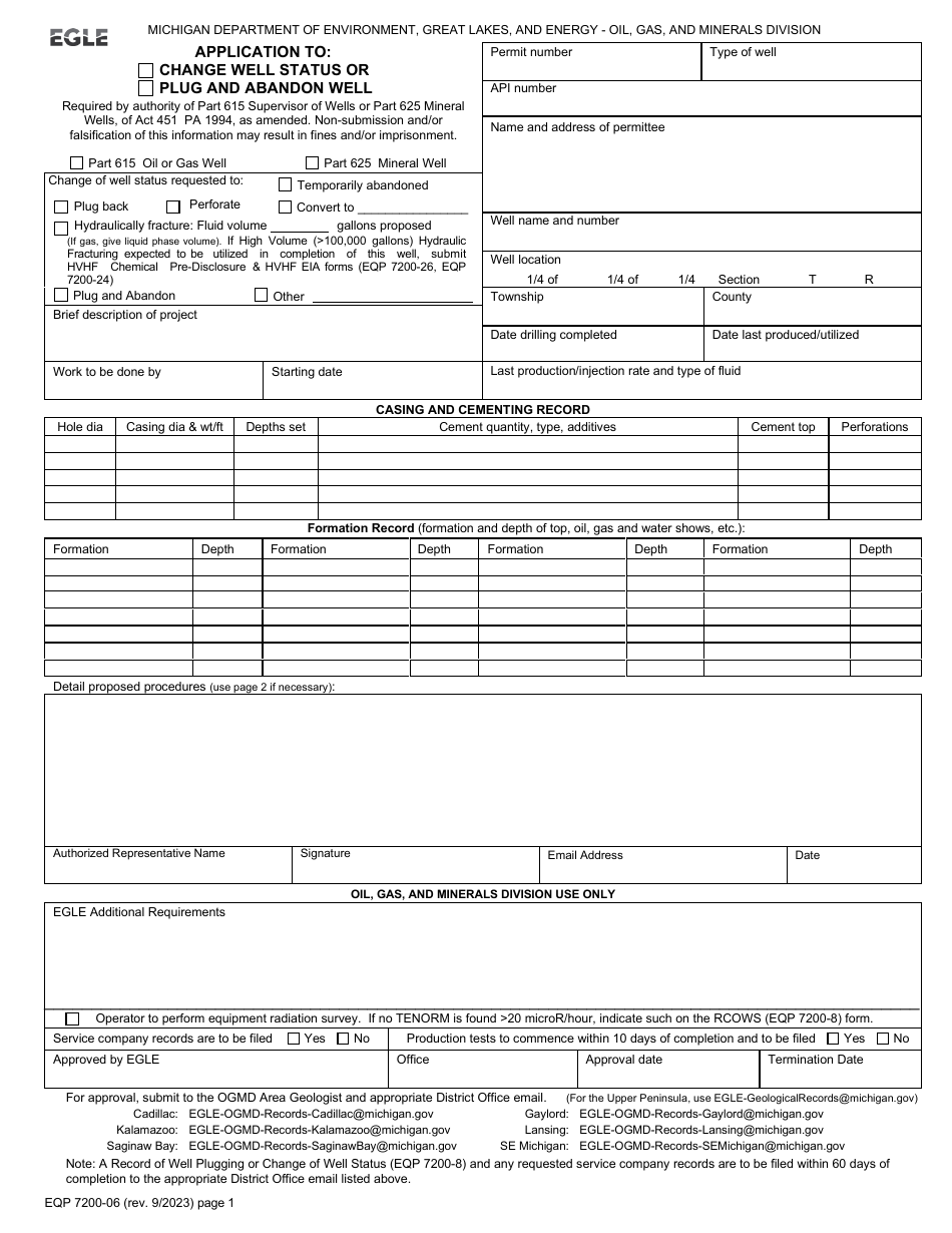 Form EQP7200-06 Application to Change Well Status or Plug and Abandon Well - Michigan, Page 1