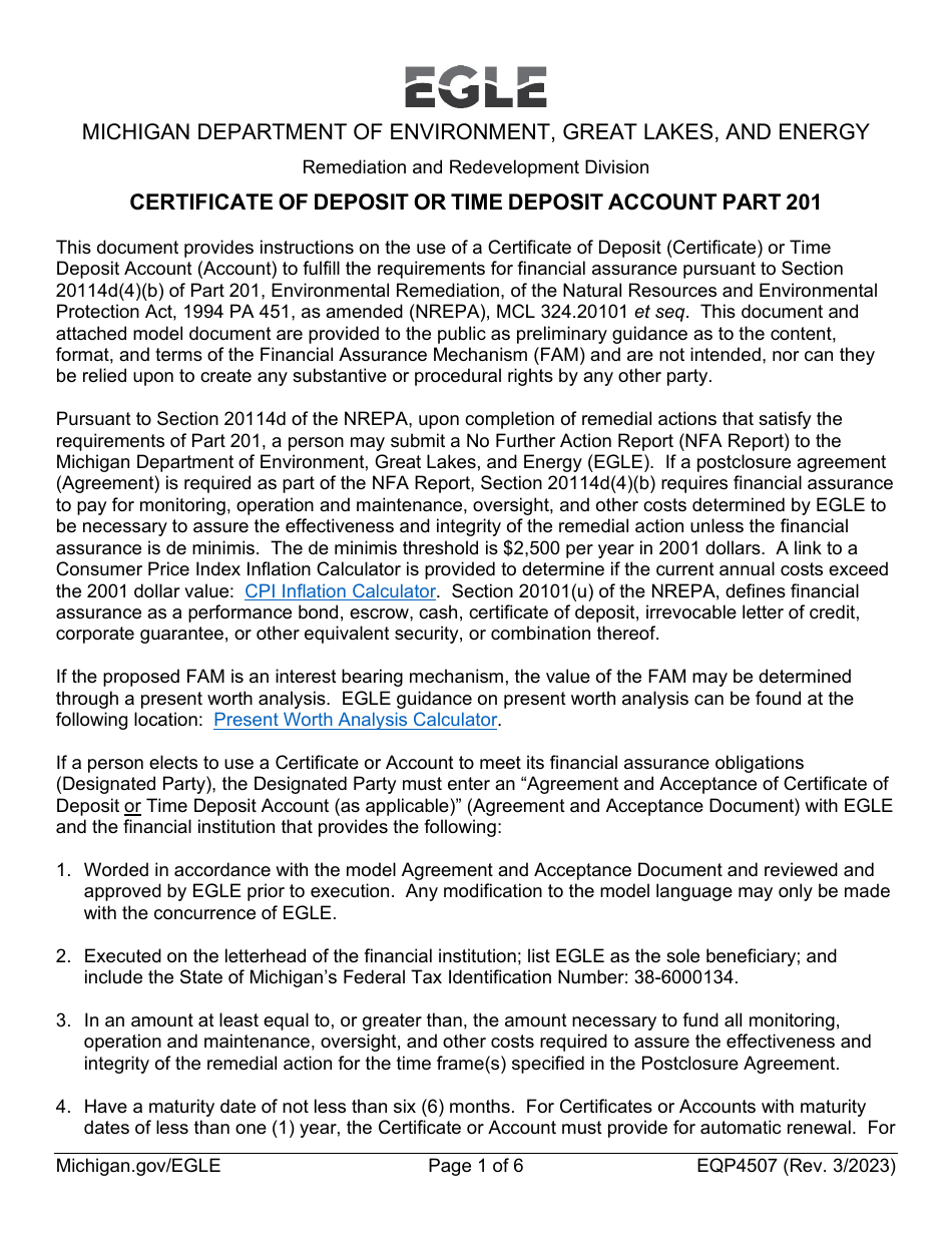 Form EQP4507 Part 201 Certificate of Deposit or Time Deposit Account Model - Michigan, Page 1