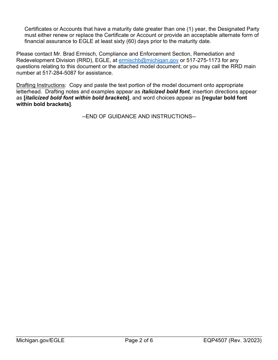 Form EQP4507 Part 201 Certificate of Deposit or Time Deposit Account Model - Michigan, Page 2