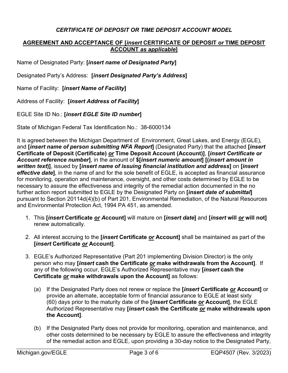 Form EQP4507 Part 201 Certificate of Deposit or Time Deposit Account Model - Michigan, Page 3