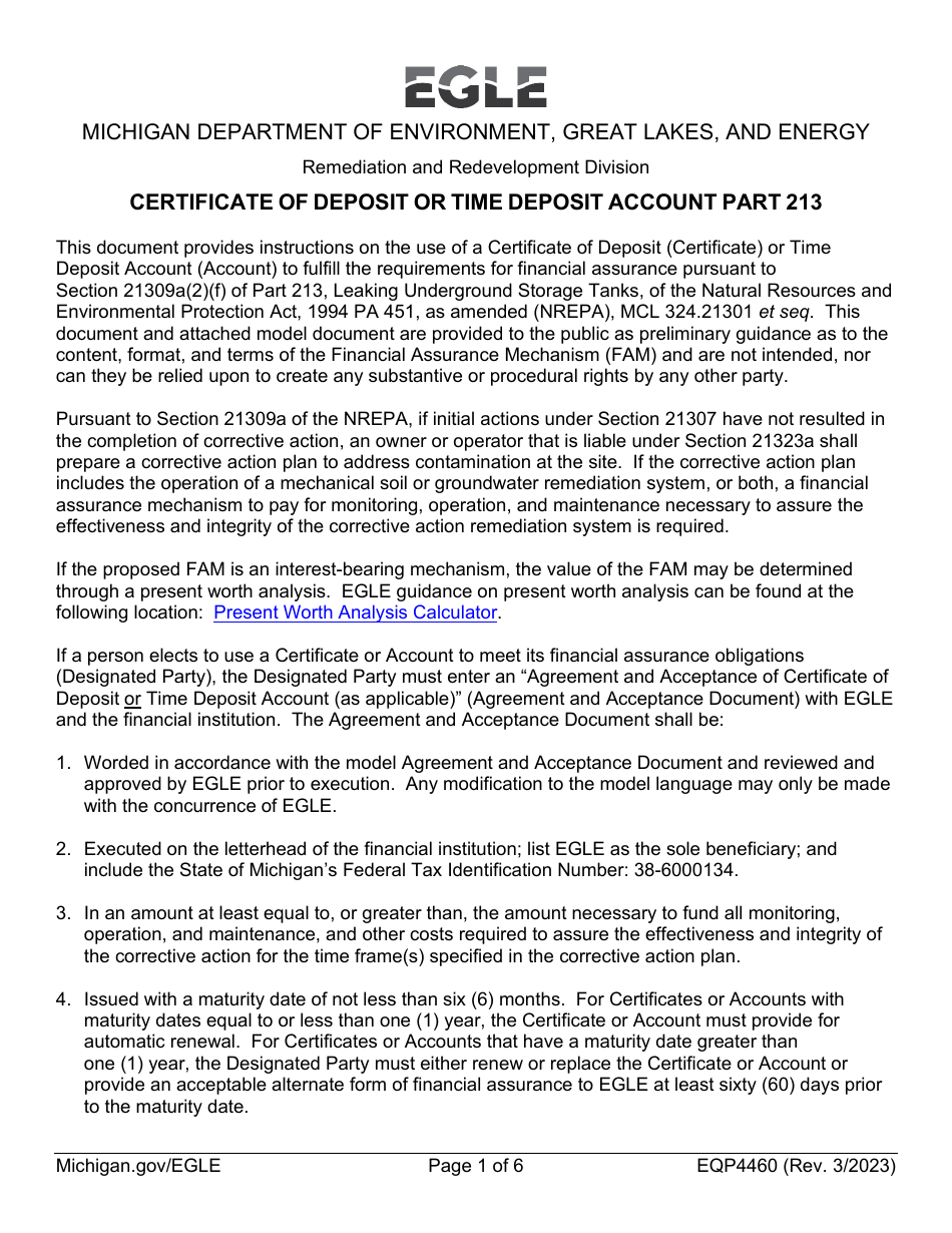 Form EQP4460 Certificate of Deposit or Time Deposit Account Part 213 - Sample - Michigan, Page 1